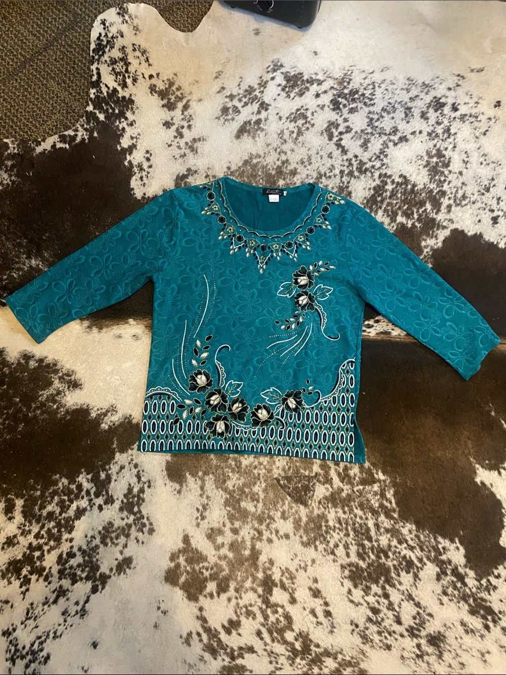 Kismet Teal Embroidered Floral Blouse